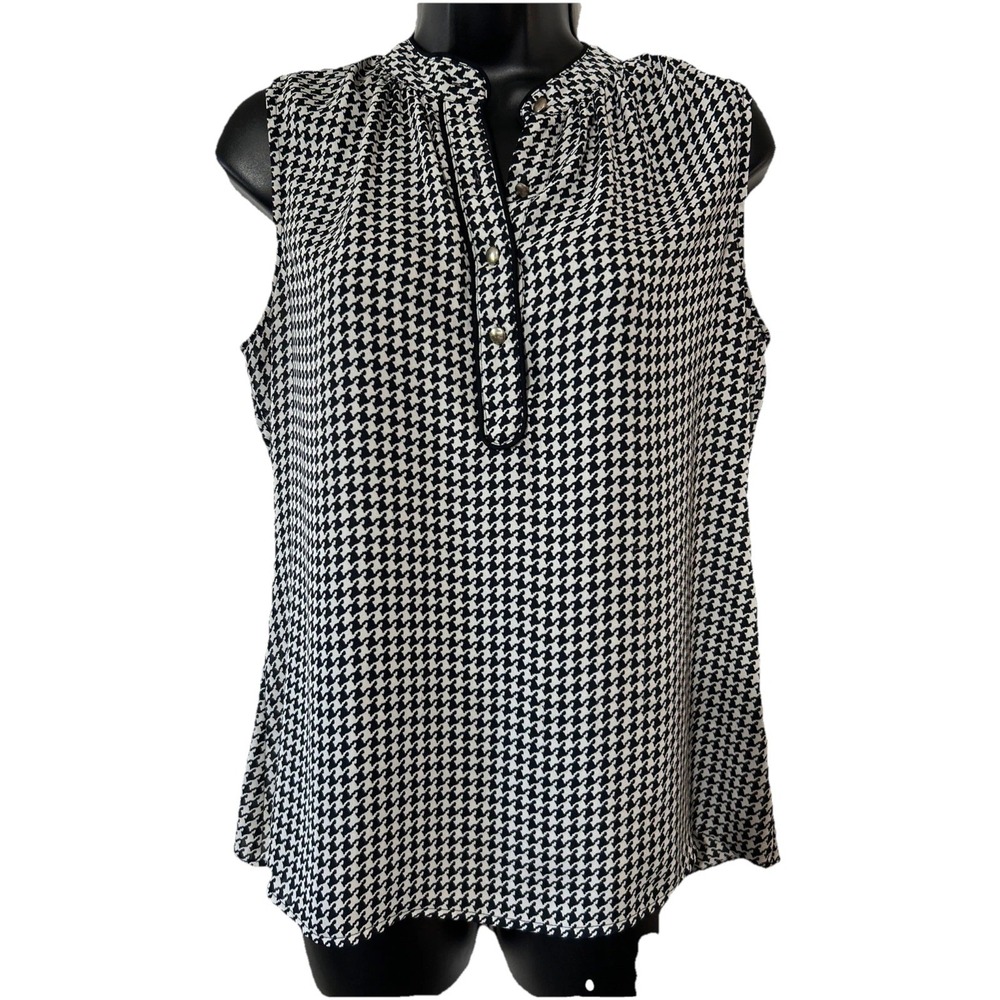Banana Republic‎ Houndstooth Sleeveless Blouse Button Up Black White 10P